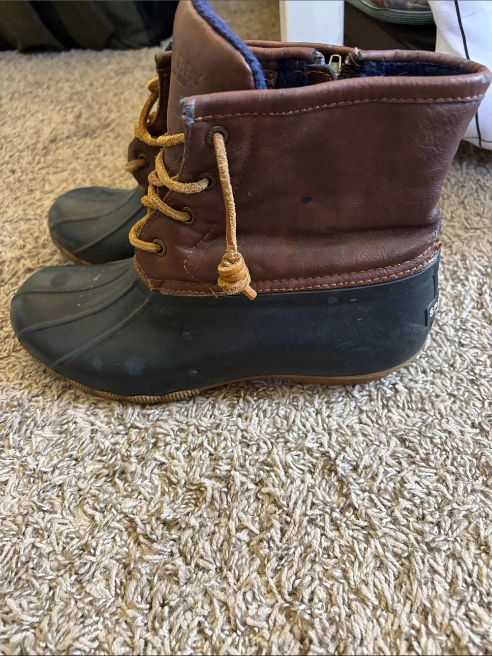 Sperry Kids Brown Leather and Navy Rubber Duck Boots with Tan Soles